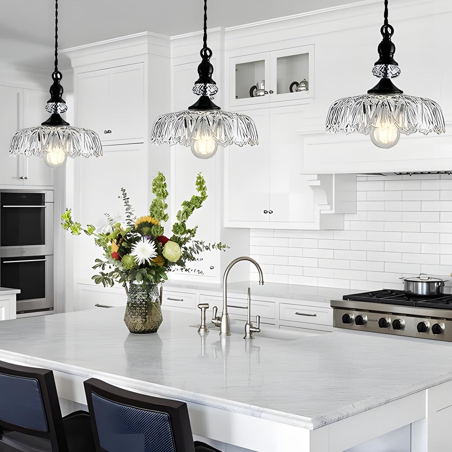 Jaime Antique Brass and Glass Flower Pendant Light
