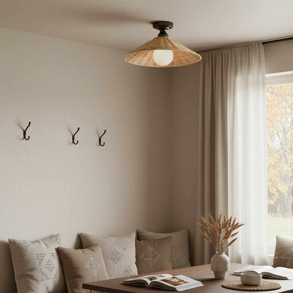 Vaelon Farmhouse Cone Rattan Ceiling Light