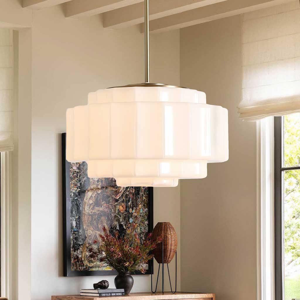Zevian Antique Brass Tiered Opal White Glass Pendant Light