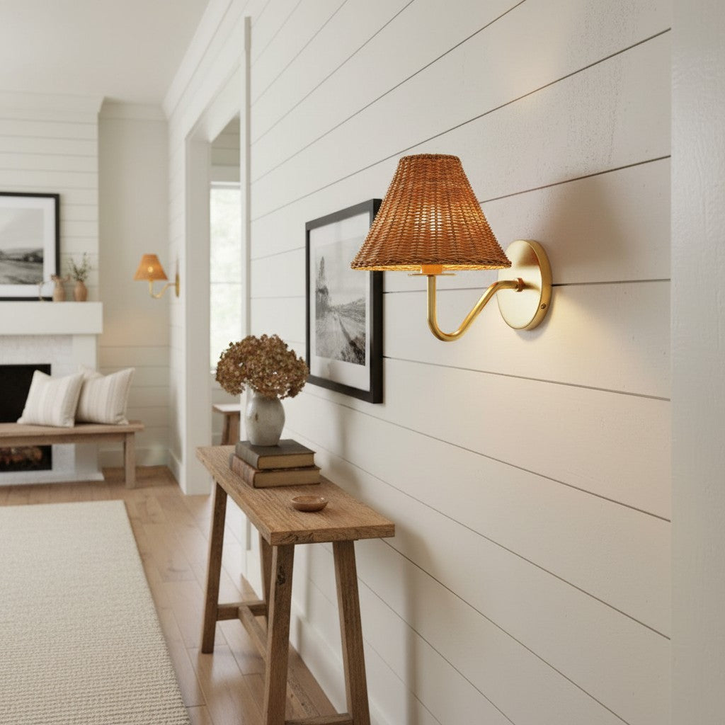 Betty Natural Rattan Cone Brass Wall Sconce