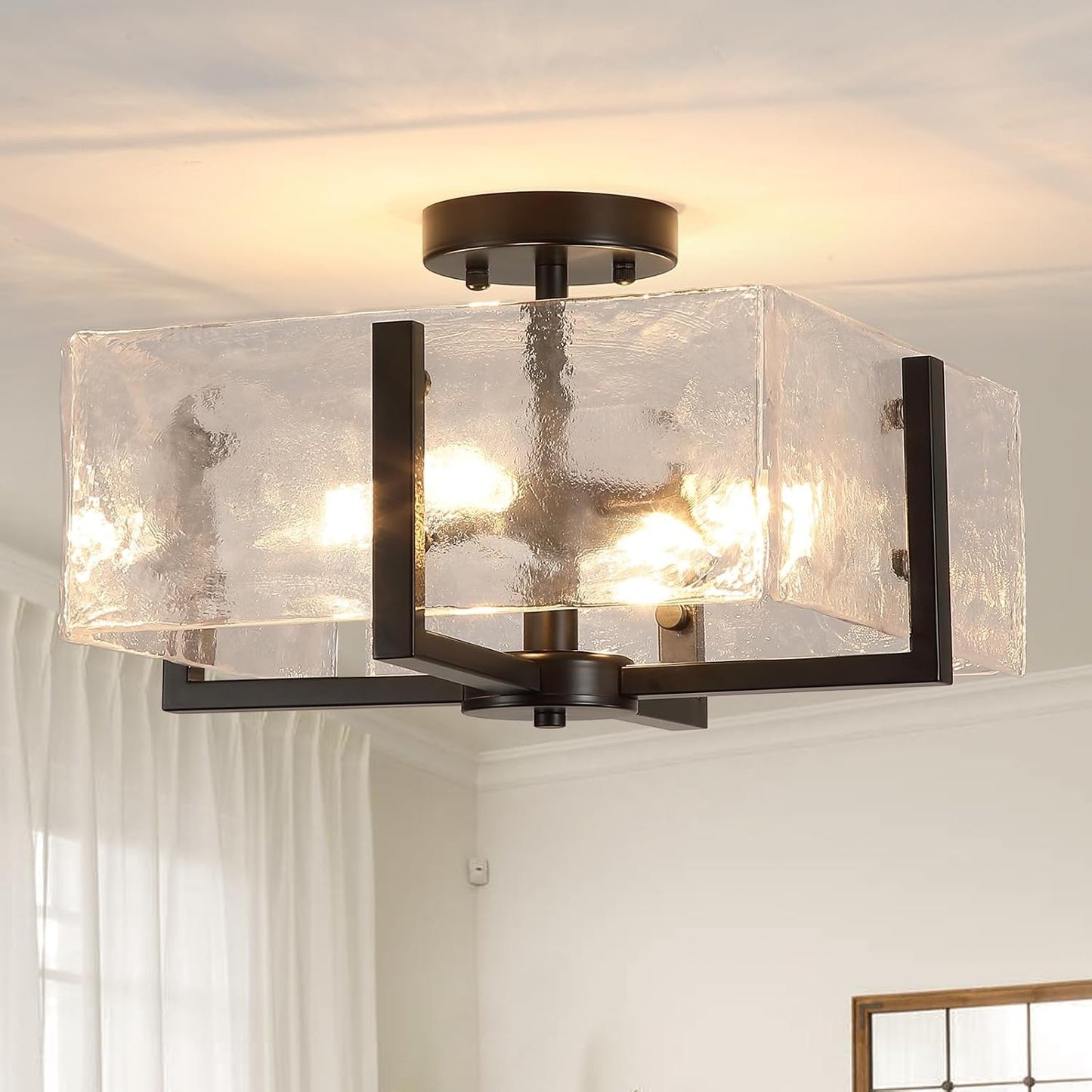 Coriander Black Rectangular Water Rippled Glass Ceiling Light