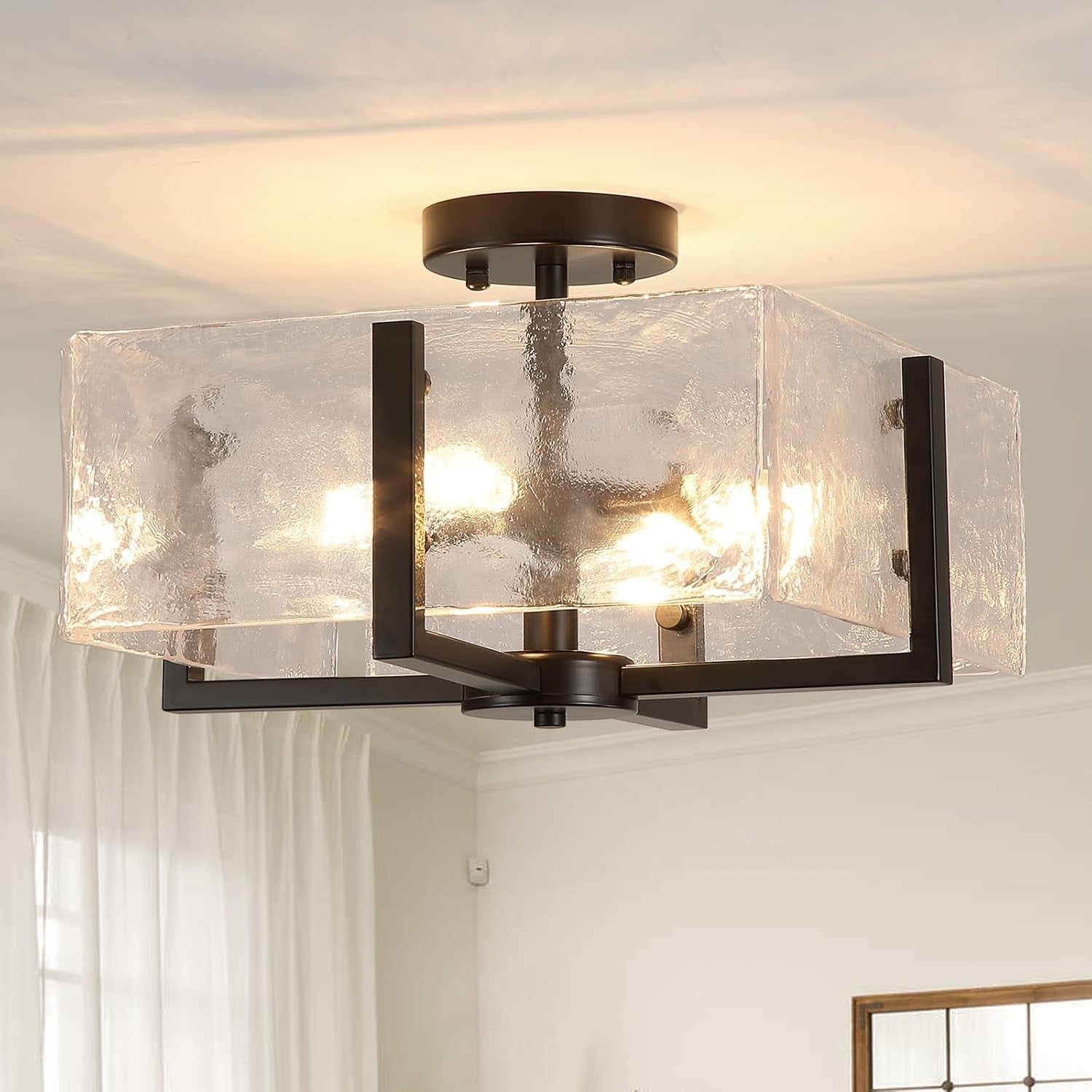 Coriander Black Rectangular Water Rippled Glass Ceiling Light