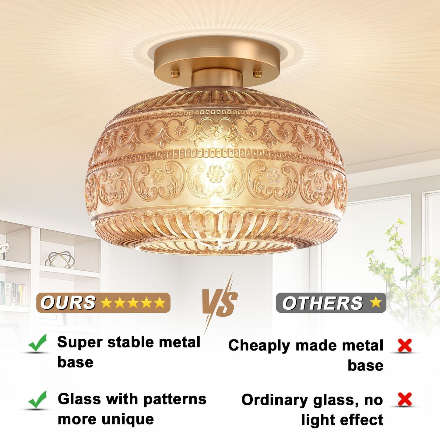 Ixionis Stained Engraved Pattern Glass Flush Mount Ceiling Light