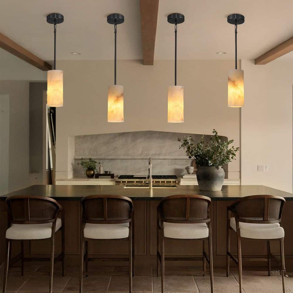 Modern Hand Carved Alabaster Cylinder Pendant Light