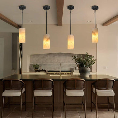 Modern Hand Carved Alabaster Cylinder Pendant Light