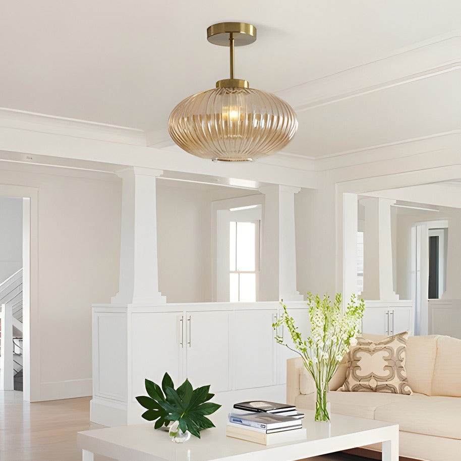 Jorik Natural Green Ribbed Glass Oval Ceiling Light