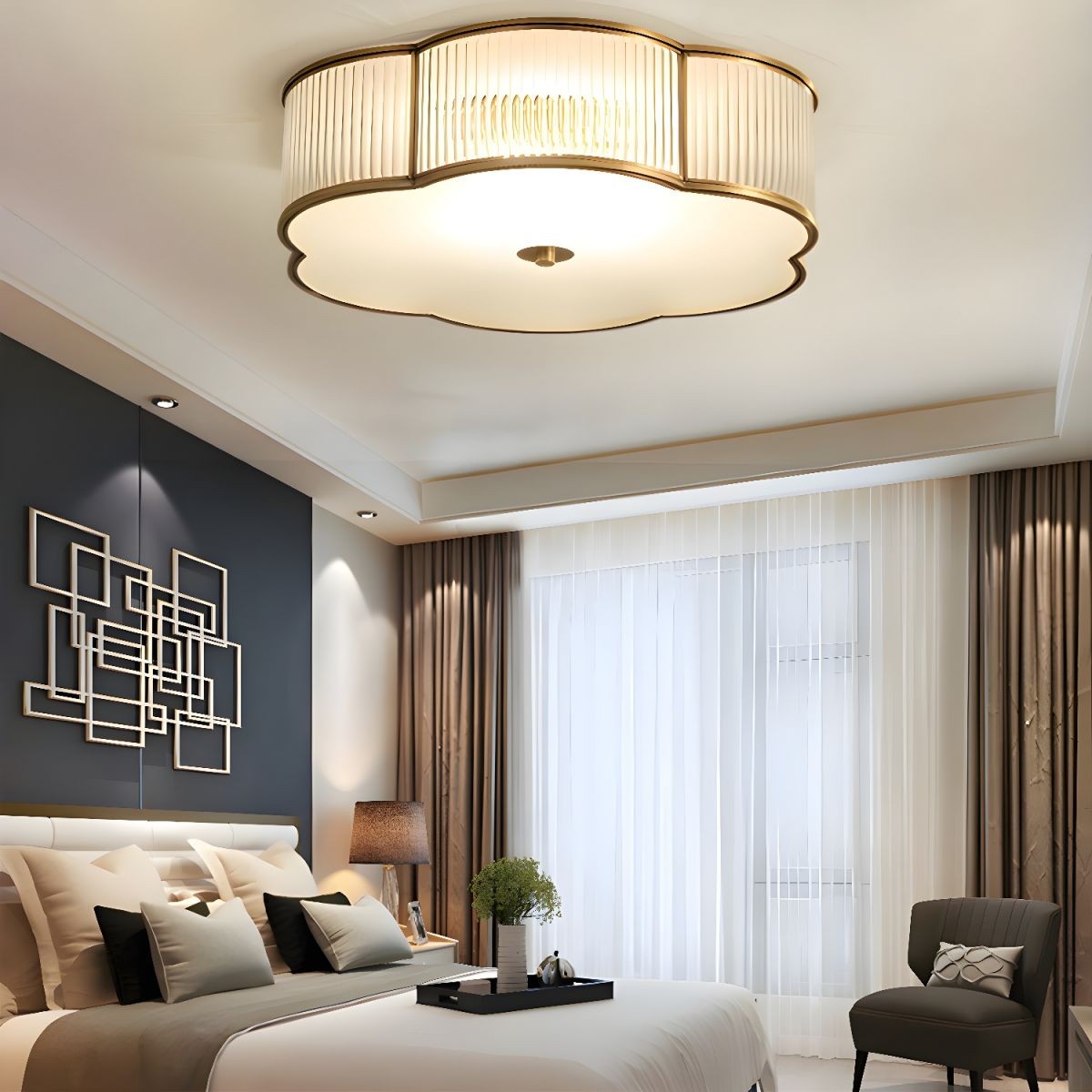 Marcela Traditional Brass Flower Ribbed Glass Ceiling Light