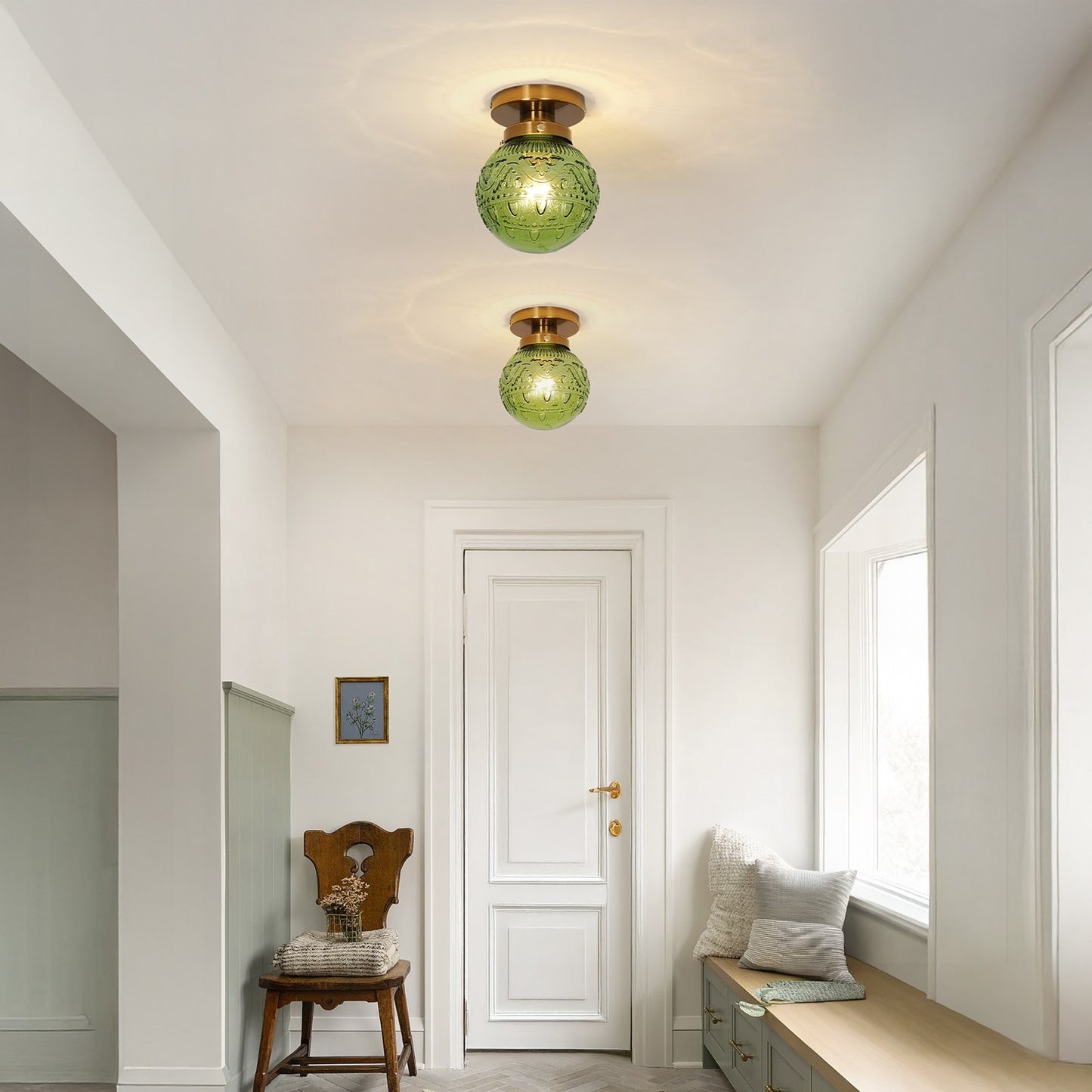 Ixionis Vintage Engraved Pattern Globe Glass Flush Mount Ceiling Light