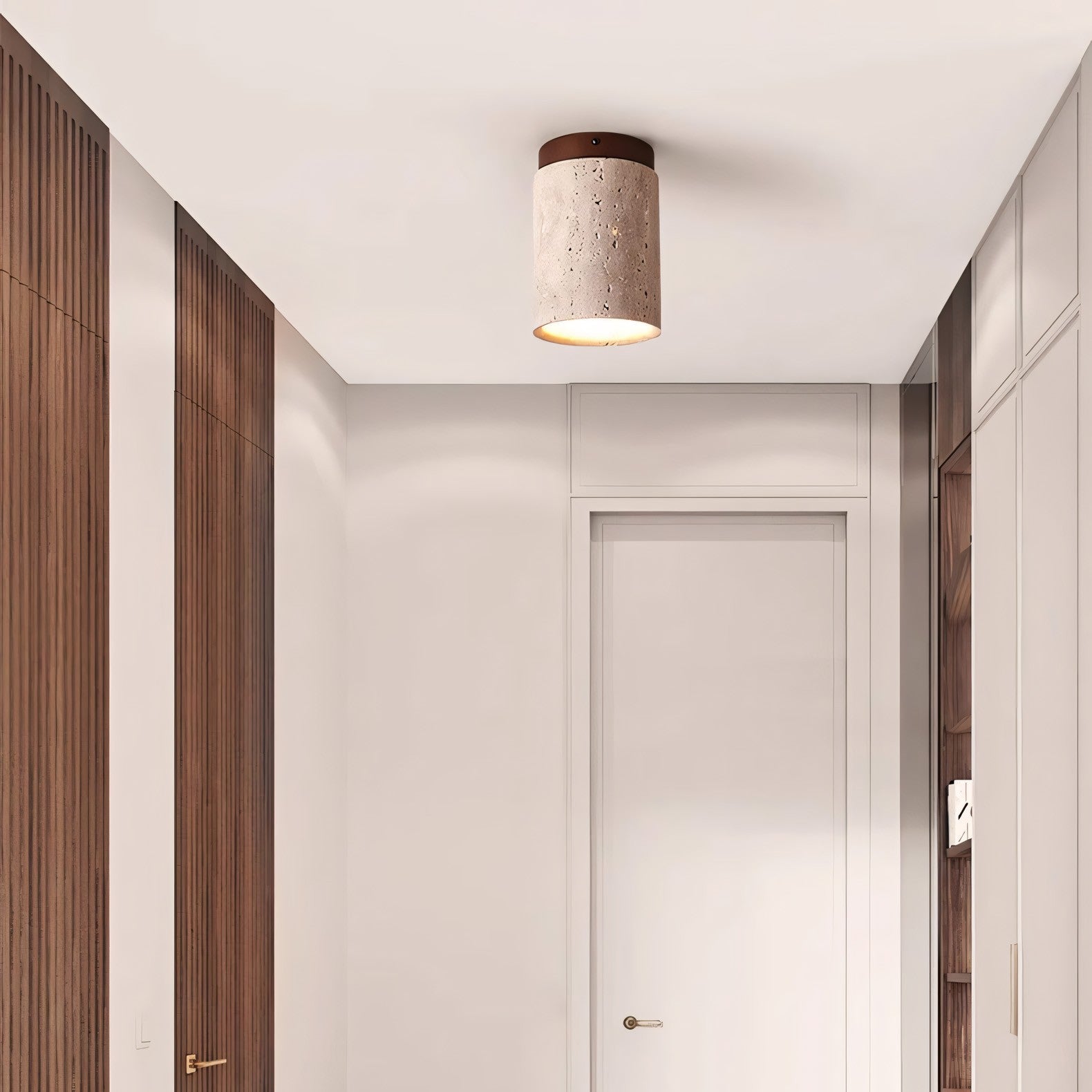 Hyrion Mini Wood And Stone Cylinder Travertine Ceiling Light