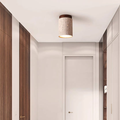 Hyrion Mini Wood And Stone Cylinder Travertine Ceiling Light