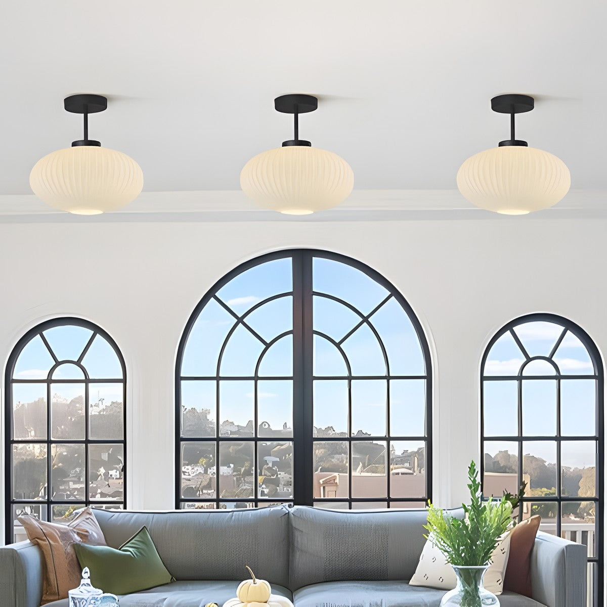 Jorik Natural Green Ribbed Glass Oval Ceiling Light