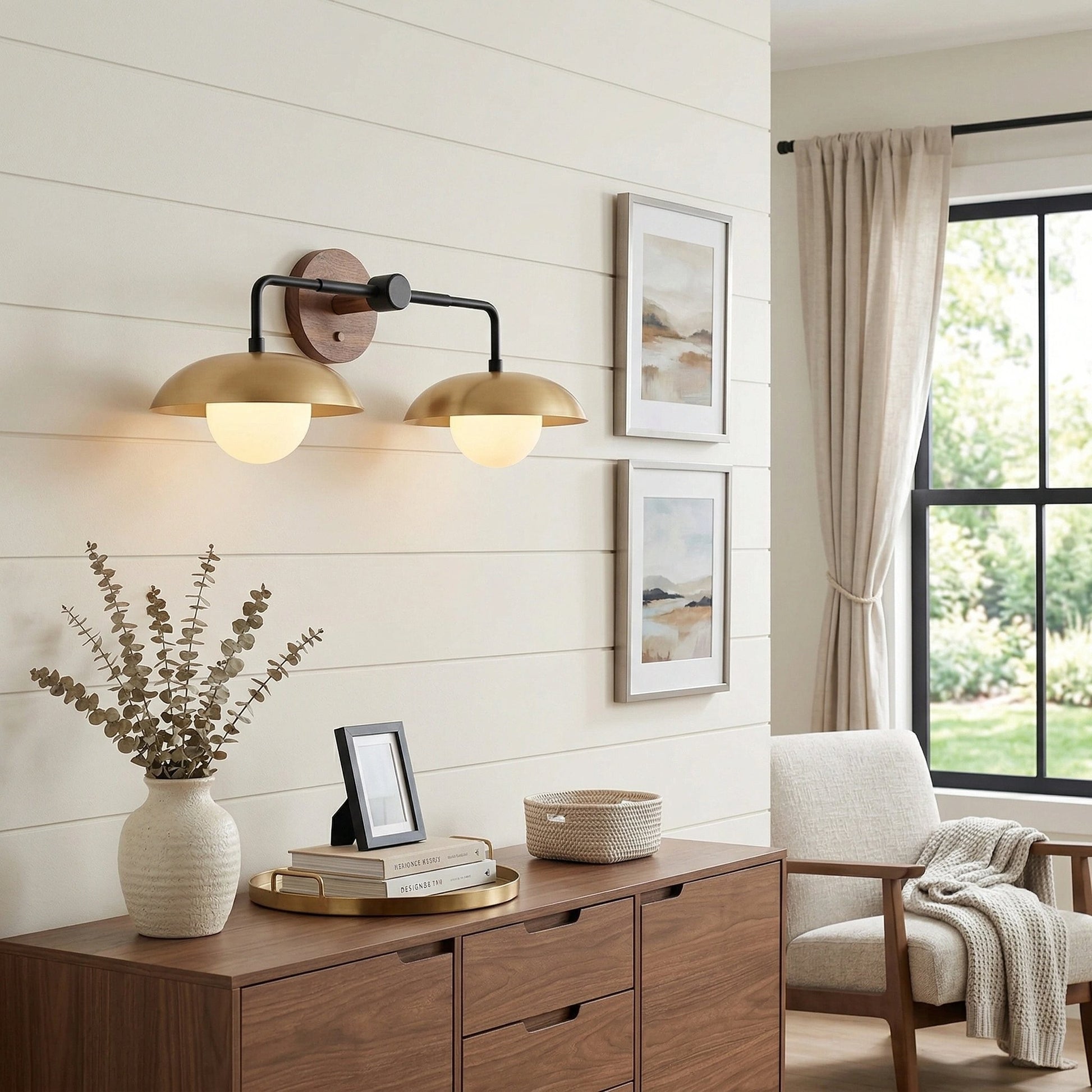 Katya Mid-century Wood Metal Double Dome Wall Sconce