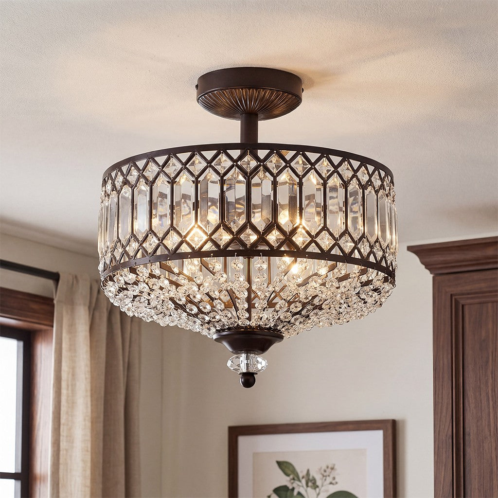 Parnika Luxury Carved Crystal Drum Semi Flush Chandelier
