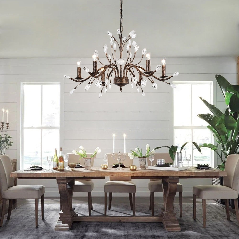 Thadder French Country 9 Light Bronze Crystal Chandelier