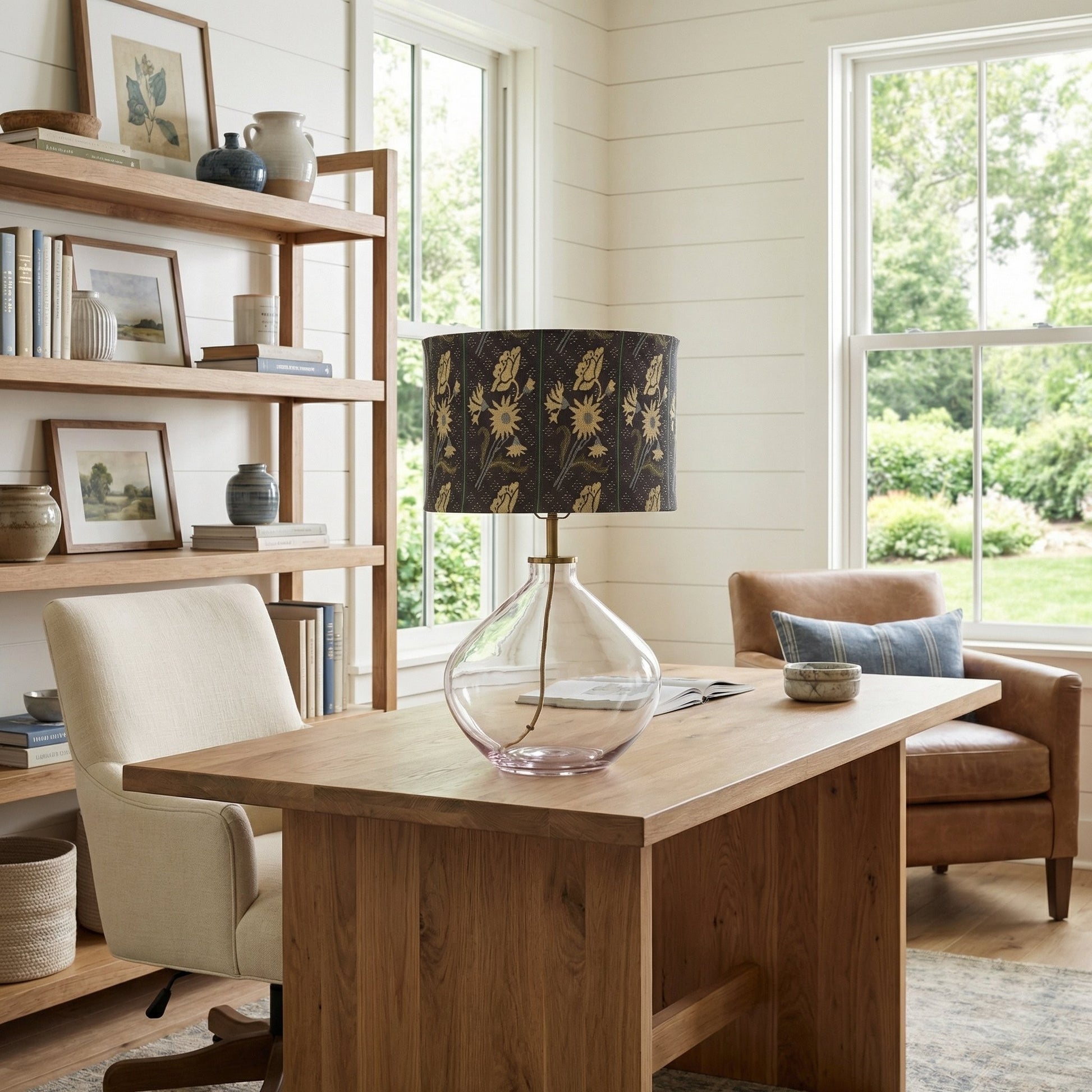 Waylon Vintage Floral Drum Shade Clear Glass Table Lamp