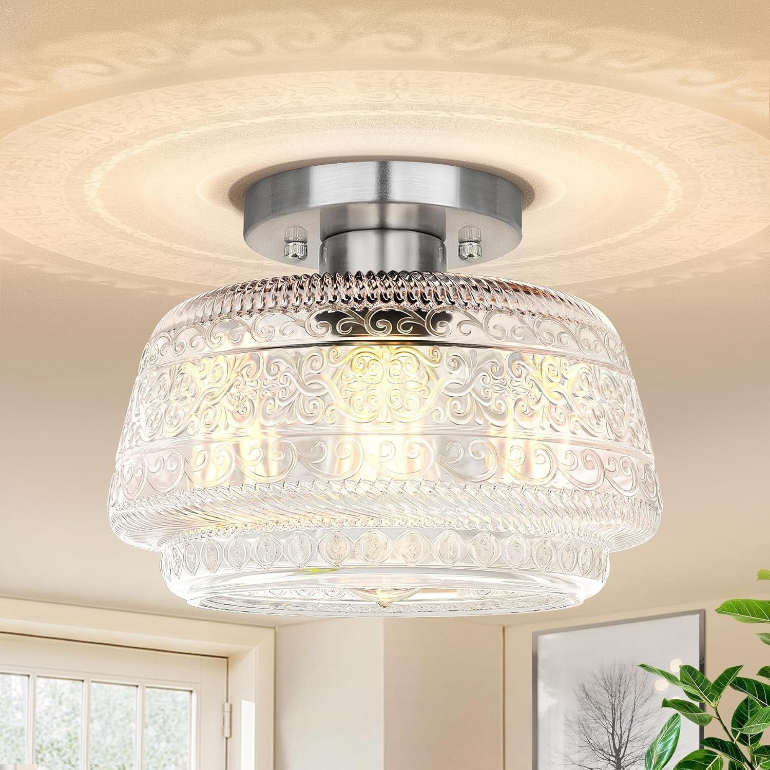 Ixionis Farmhouse Patterned Glass Semi Flush Mount Ceiling Light