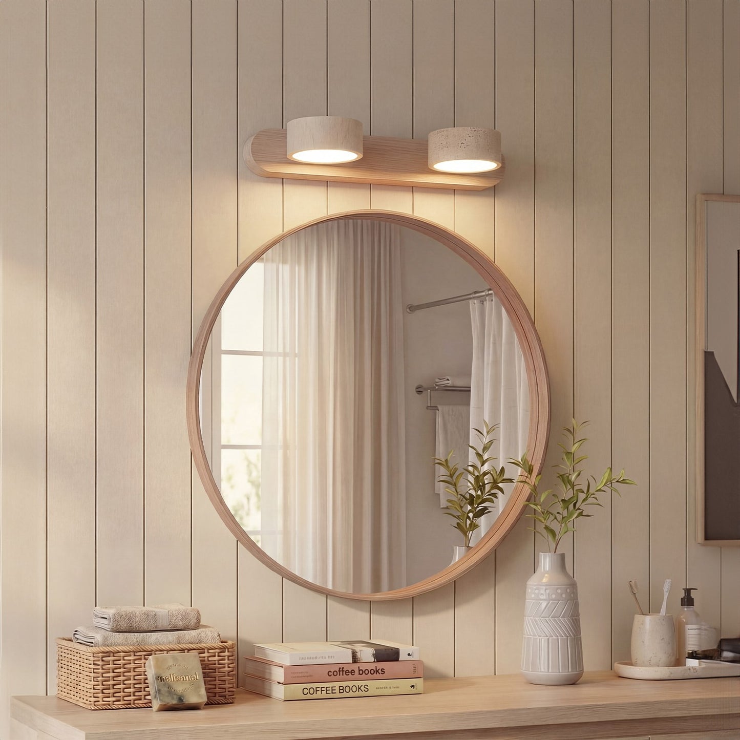 Benjamin Rustic Adjustable Travertine Wood Led Vanity Sconce