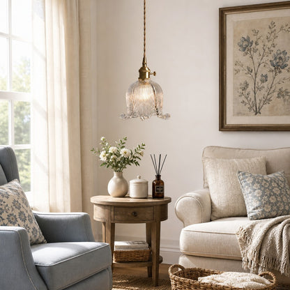 Fawen Retro Floral  Ribbed Glass Shade Pendant Light