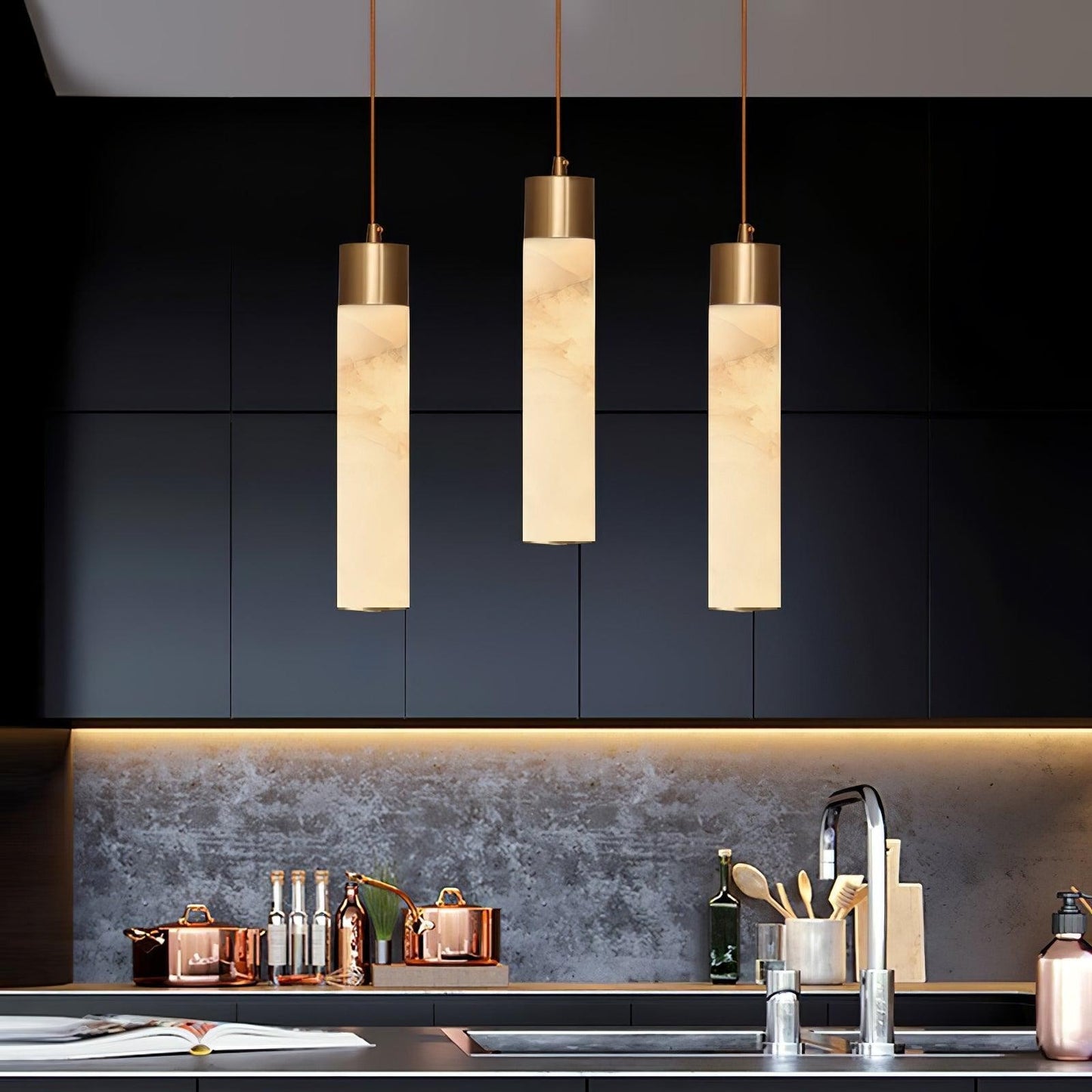Odalys Luxurious Cylindrical Alabaster Brass Pendant Light