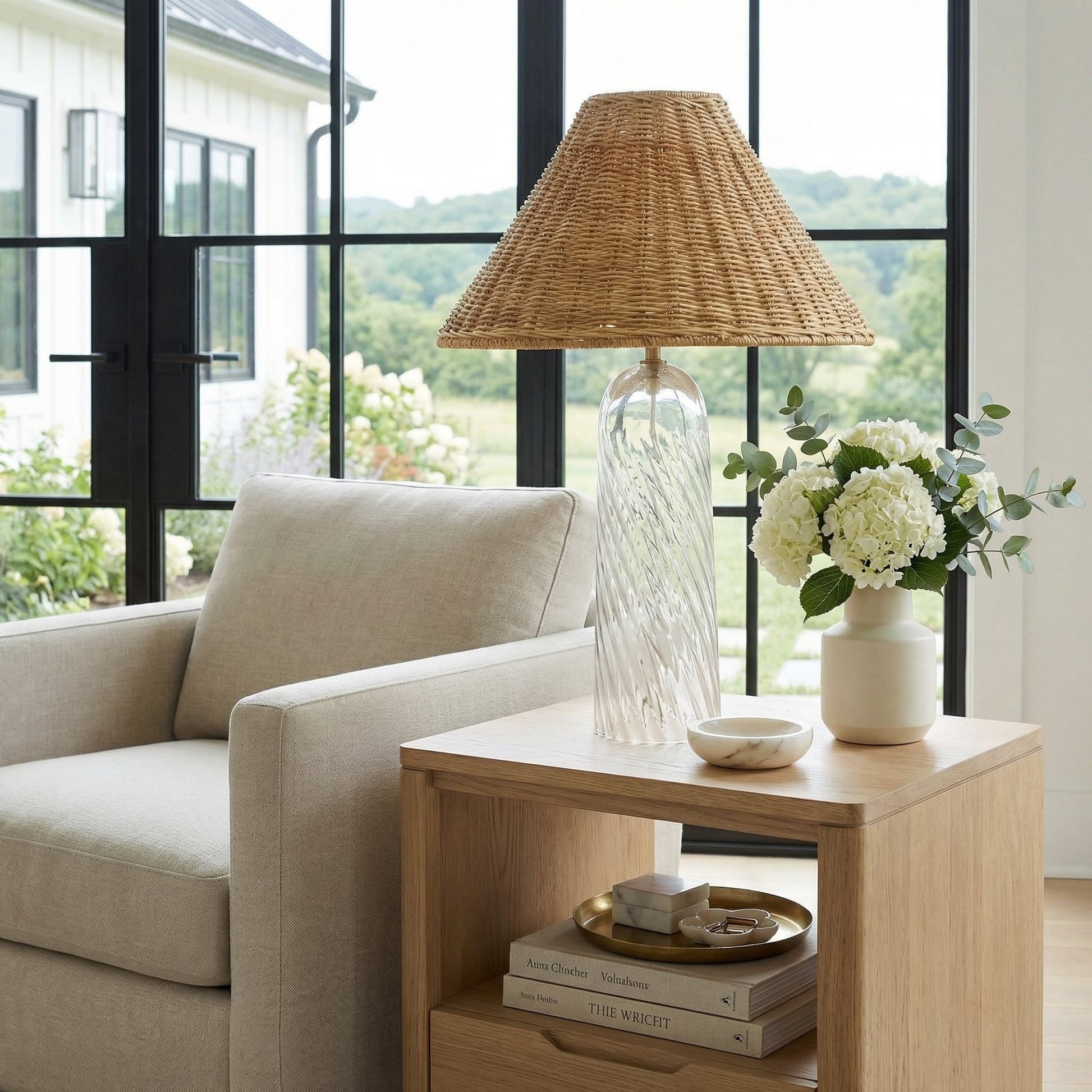 Gunner Boho Natural Rattan & Clear Glass Cylindrical Table Lamp