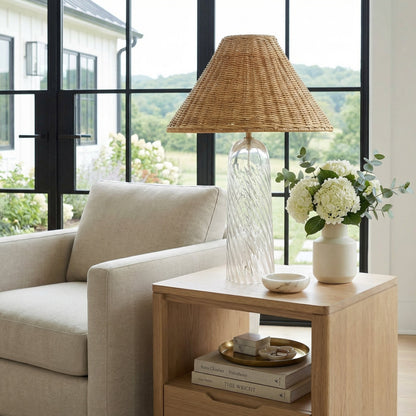 Gunner Boho Natural Rattan & Clear Glass Cylindrical Table Lamp