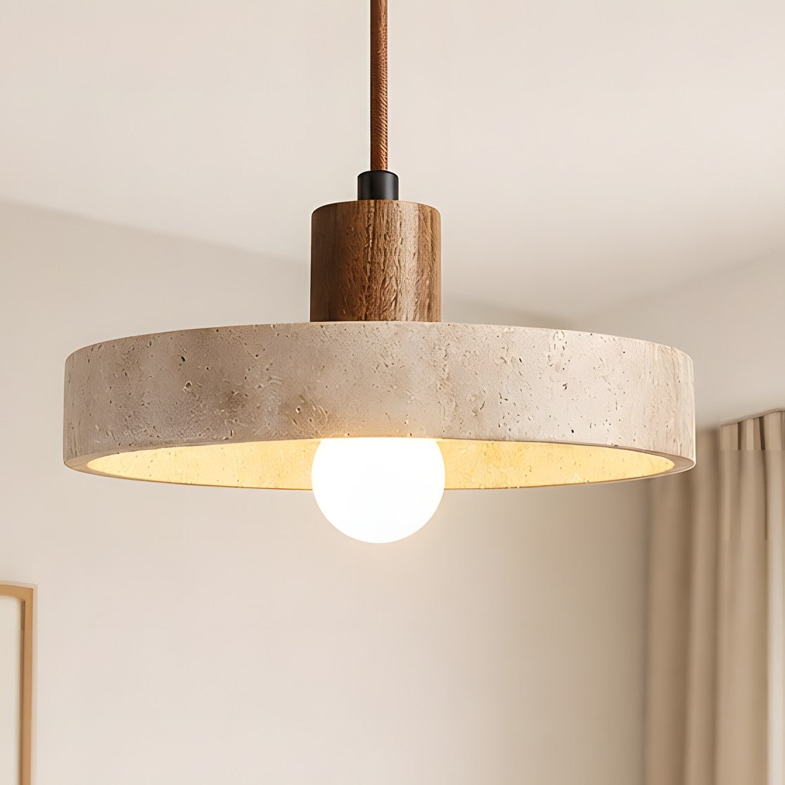 Harlow Wabi-Sabi Travertine & Wood Circular Pendant Light