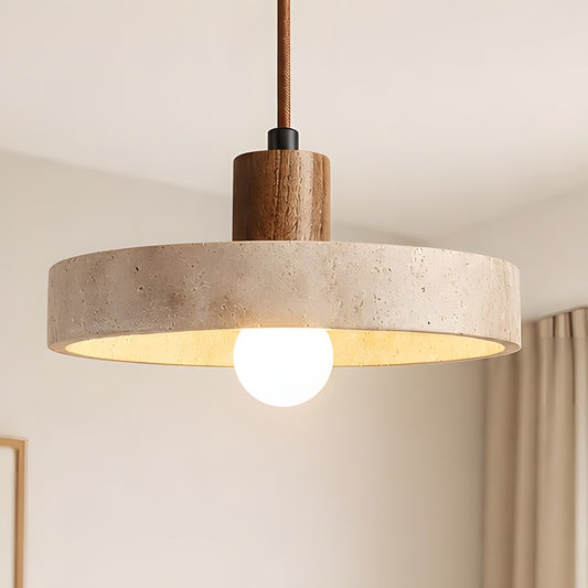 Harlow Wabi-Sabi Travertine & Wood Circular Pendant Light