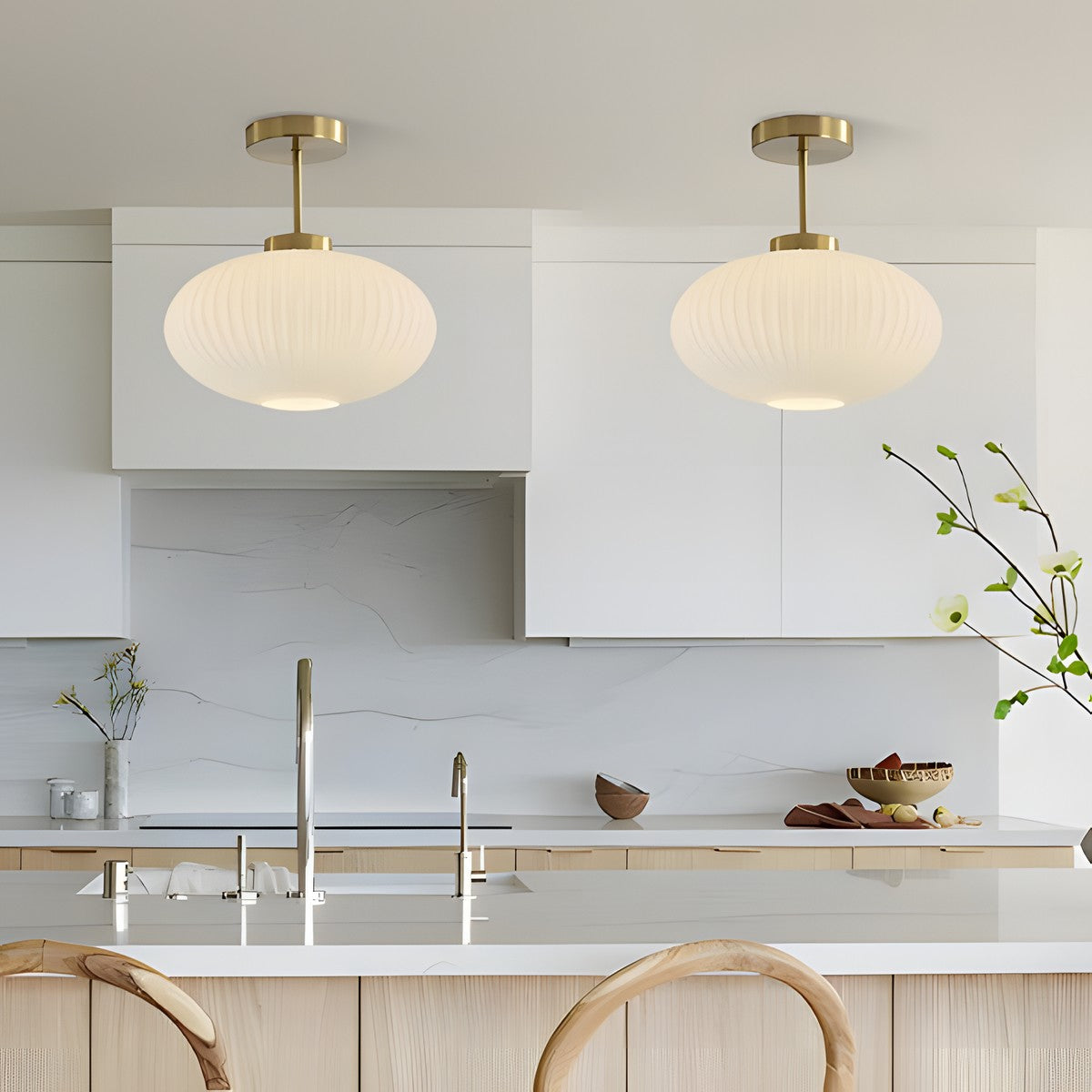 Jorik Natural Green Ribbed Glass Oval Ceiling Light