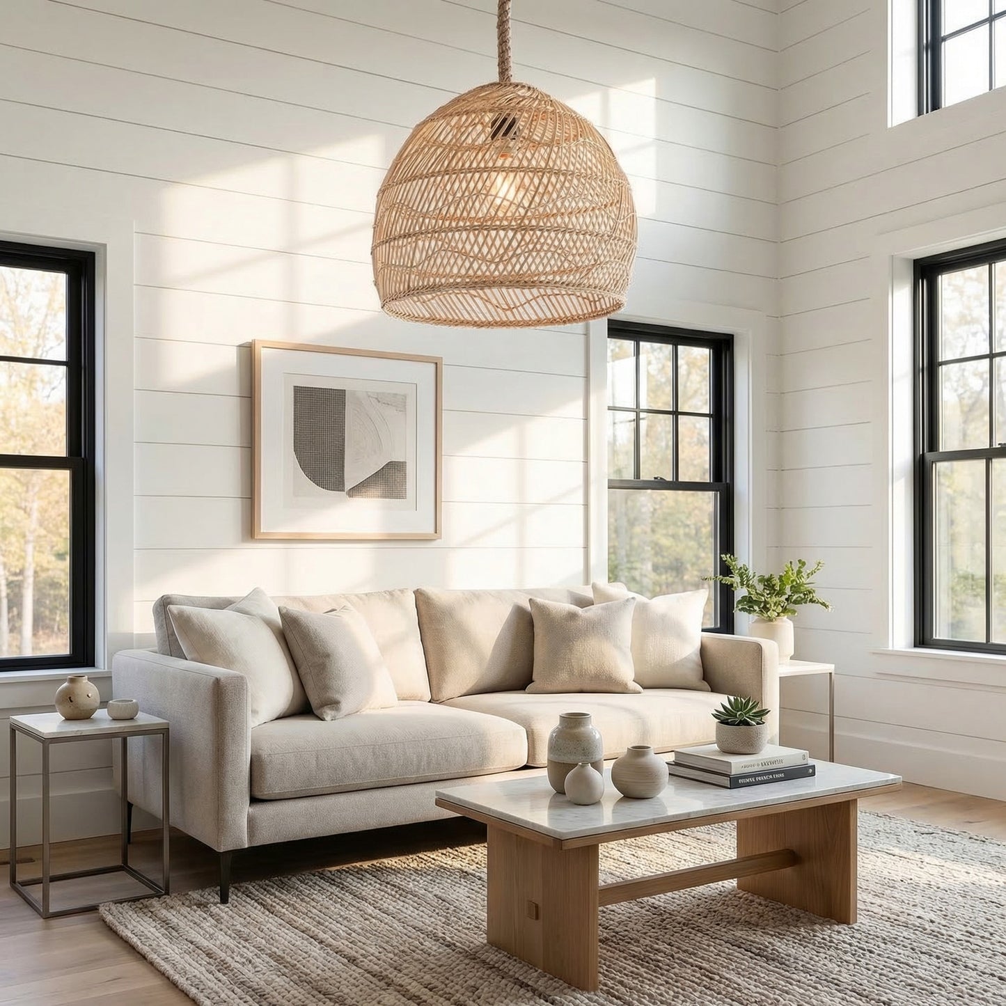 Laura Bohemian Style Bleached Rattan Pendant Light