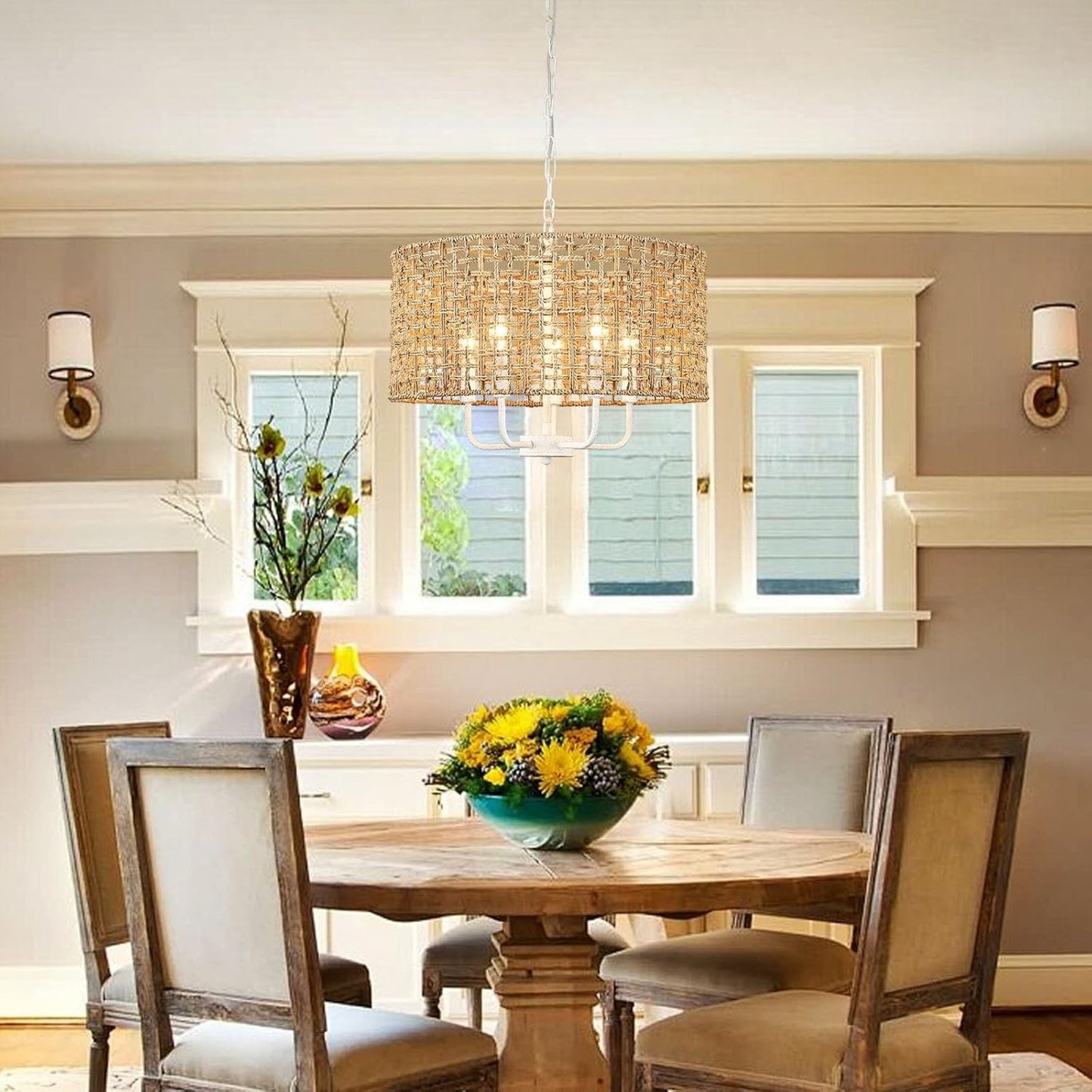 Arlo Bohemian 5 Light Natural Rattan Drum Chandelier
