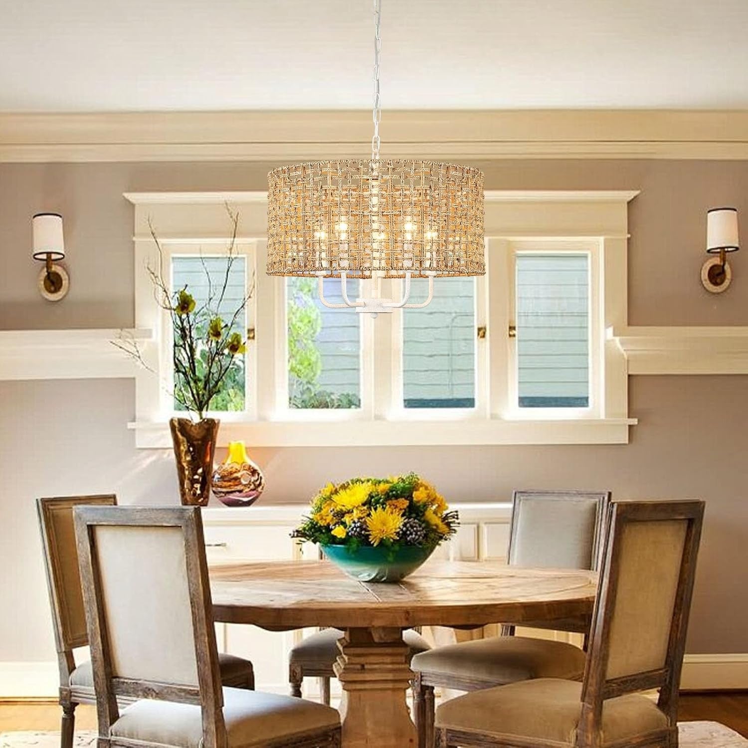 Arlo Bohemian 5 Light Natural Rattan Drum Chandelier