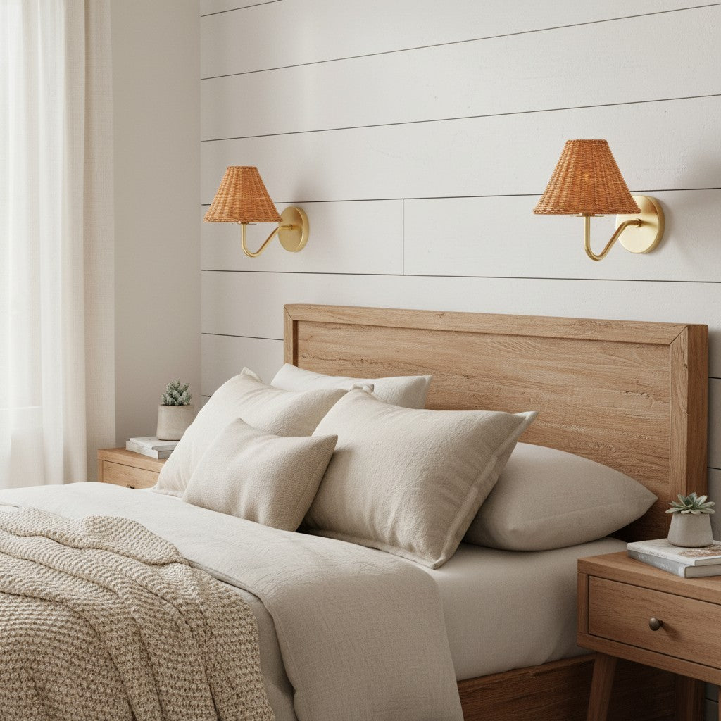 Betty Natural Rattan Cone Brass Wall Sconce