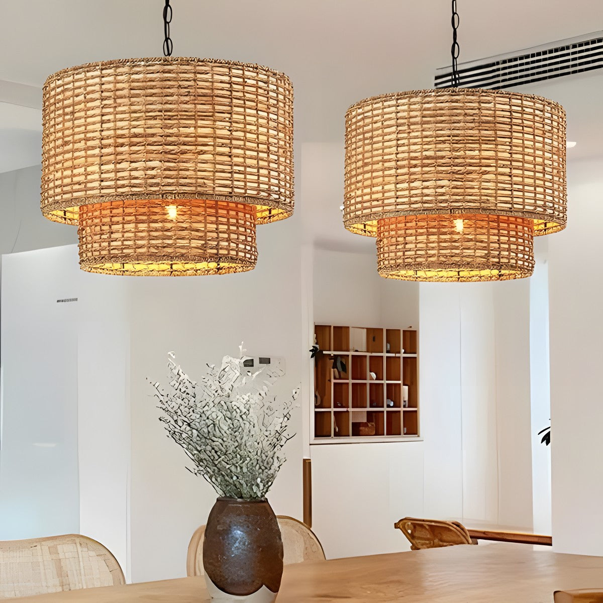 Harland Beachy Natural Rattan Double Drum Pendant Light