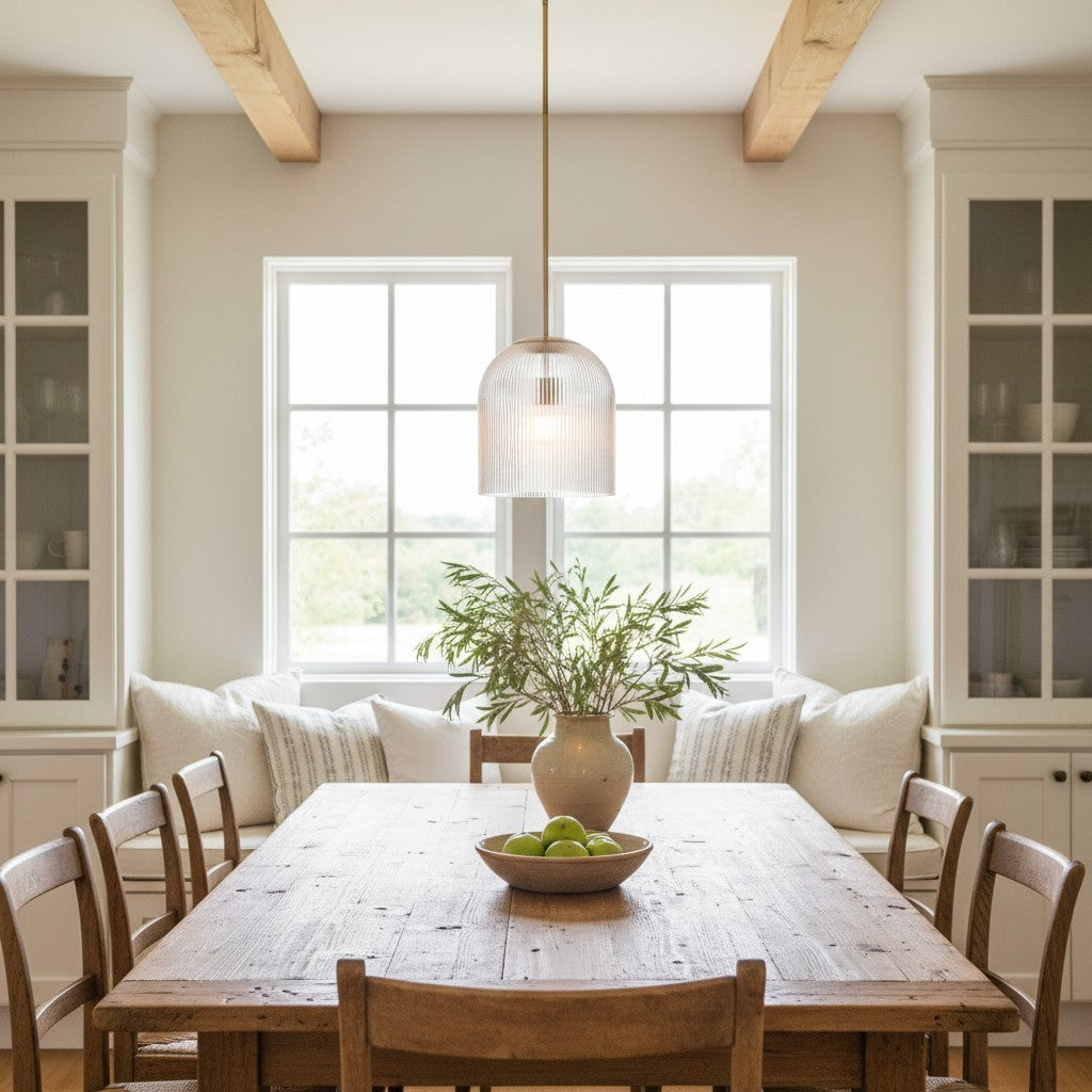 Alain Farmhouse Cooper Ribbed Glass Pendant Light For Dining Room & Kitchen