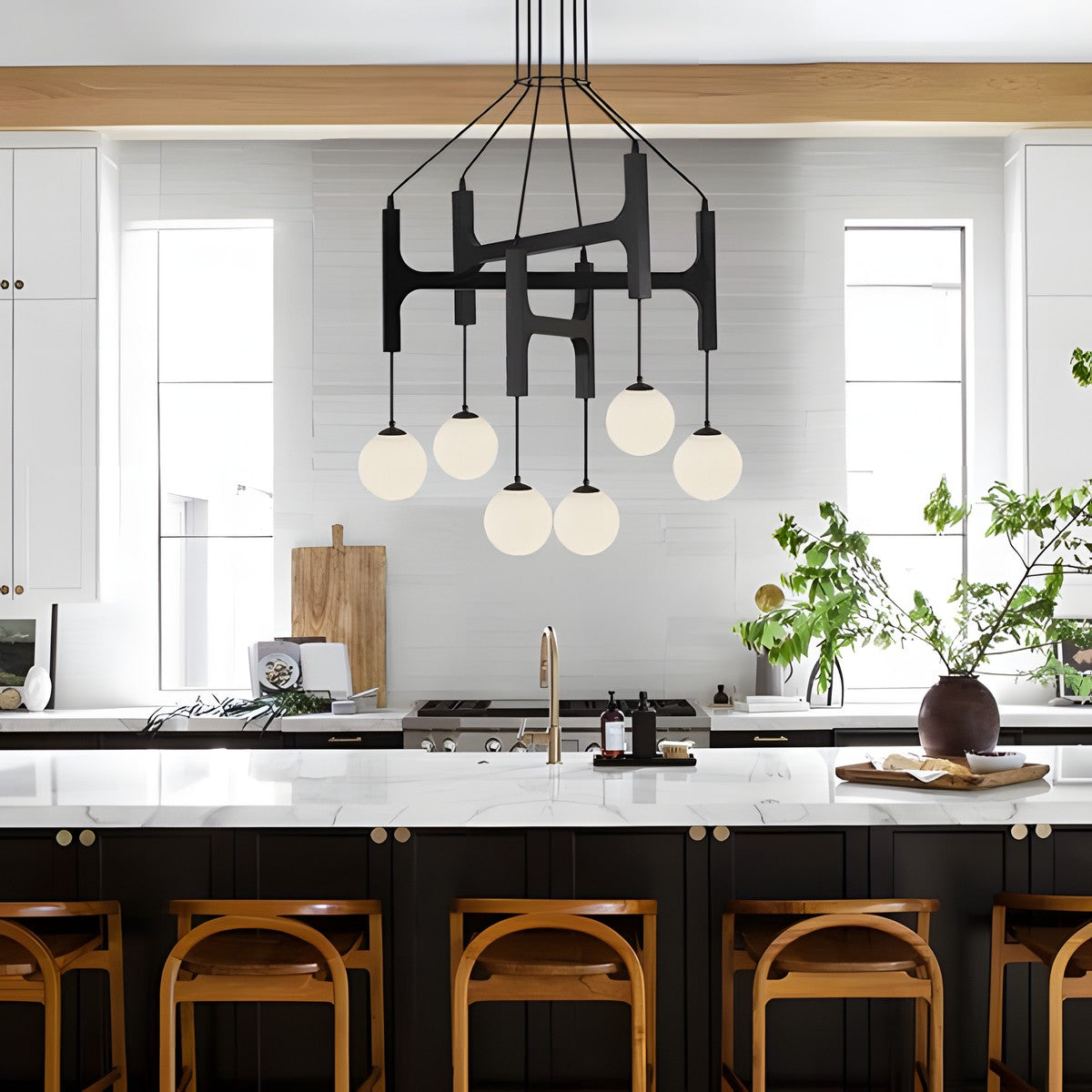 Astraea Farmhouse Wooden Branch Milk Glass Globe Chandelier