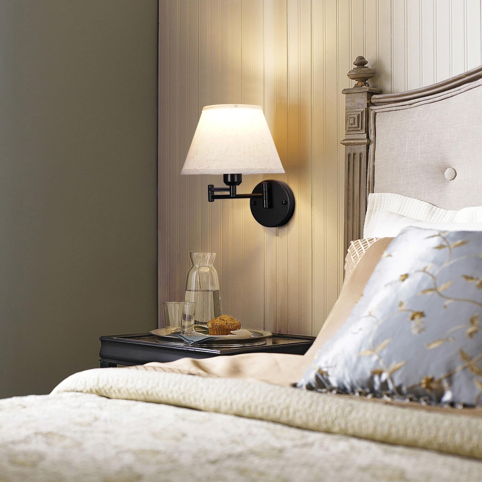 Vynith Battery Opperated White Linen Dimmable Swing Arm Sconce