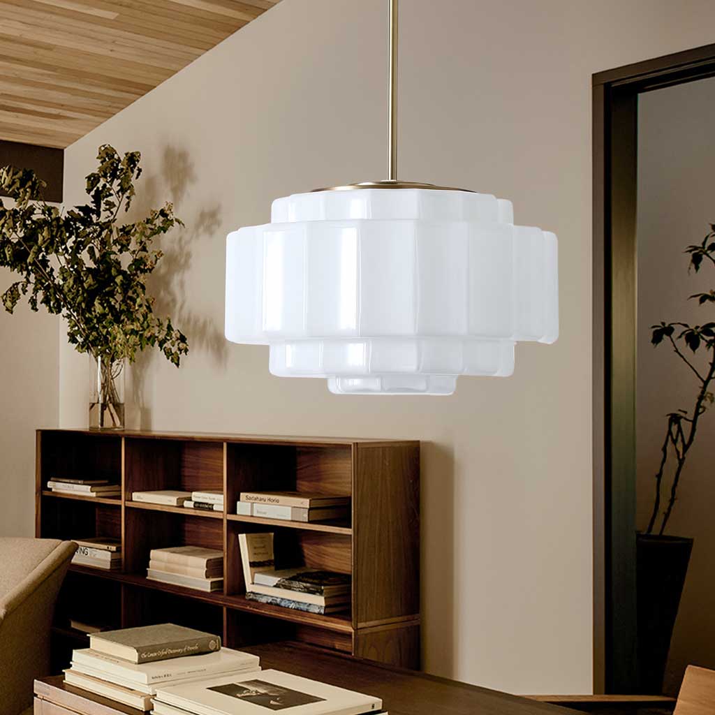 Zevian Antique Brass Tiered Opal White Glass Pendant Light