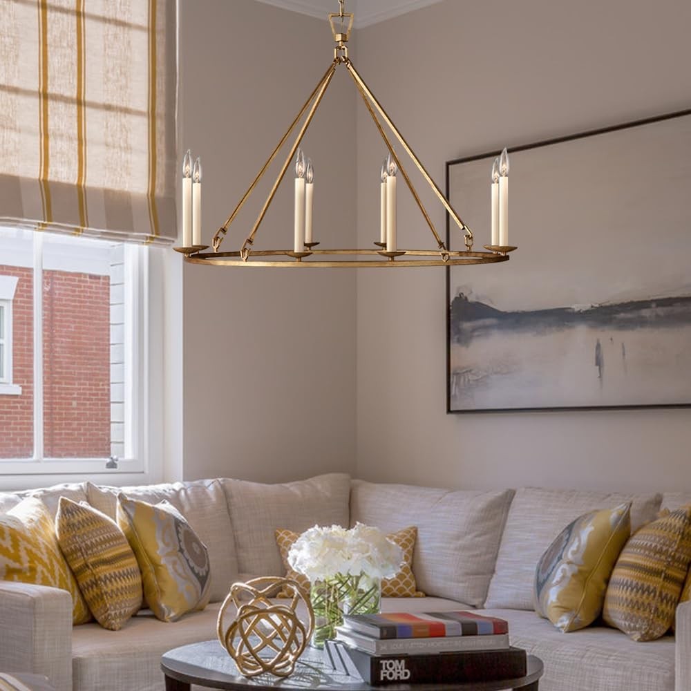 Jock French Gold Wagon Wheel Candle-Shaped Metal Chandelier