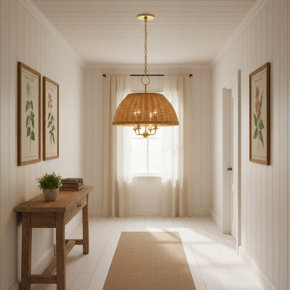 Margaret Minimalist Natural 4-Light Dome Rattan Brass Pendant Light