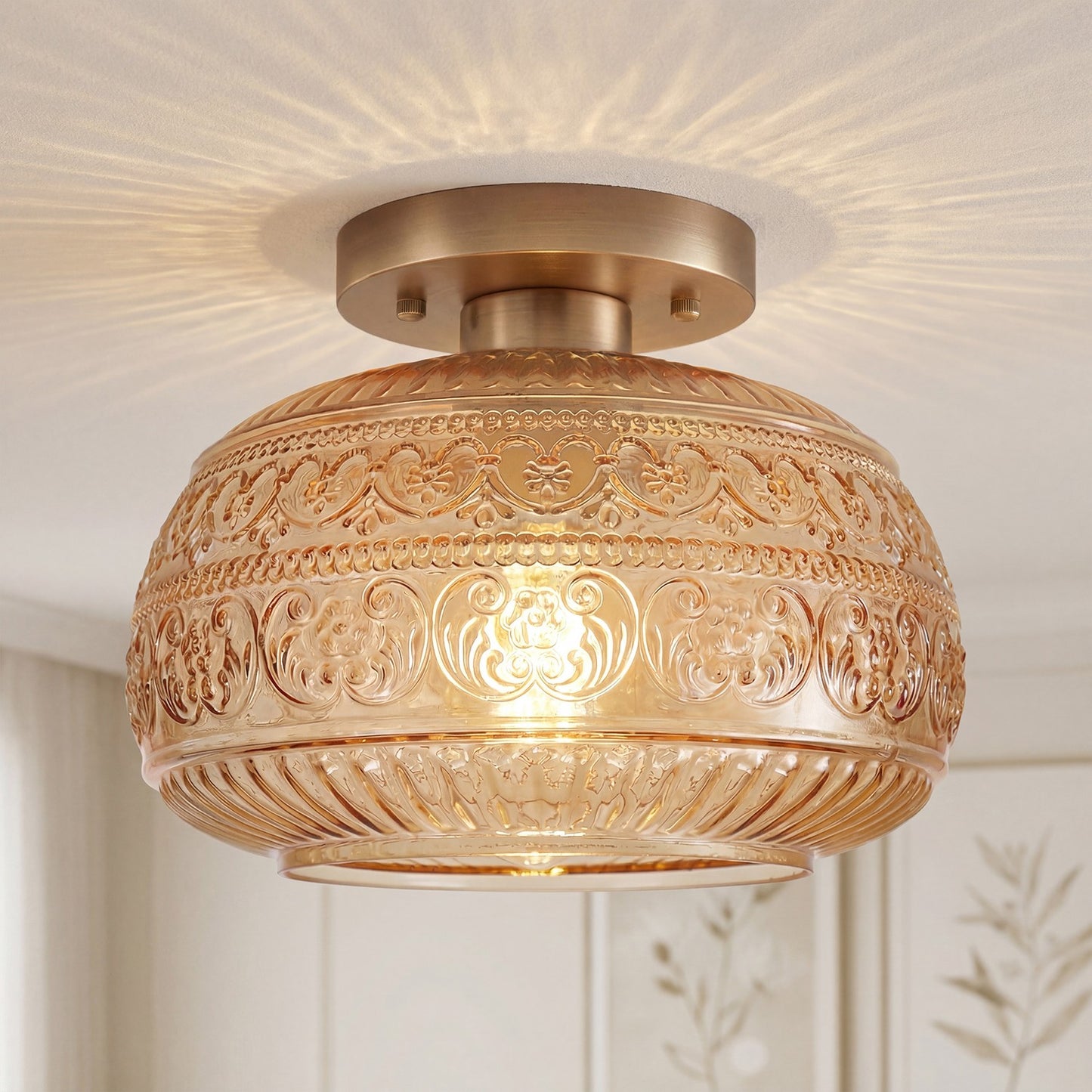 Ixionis Stained Engraved Pattern Glass Flush Mount Ceiling Light