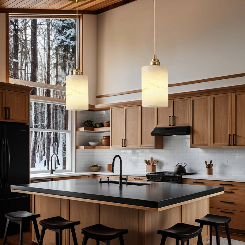 Beverlee Modern Brass Cylinder Alabaster Pendant Light