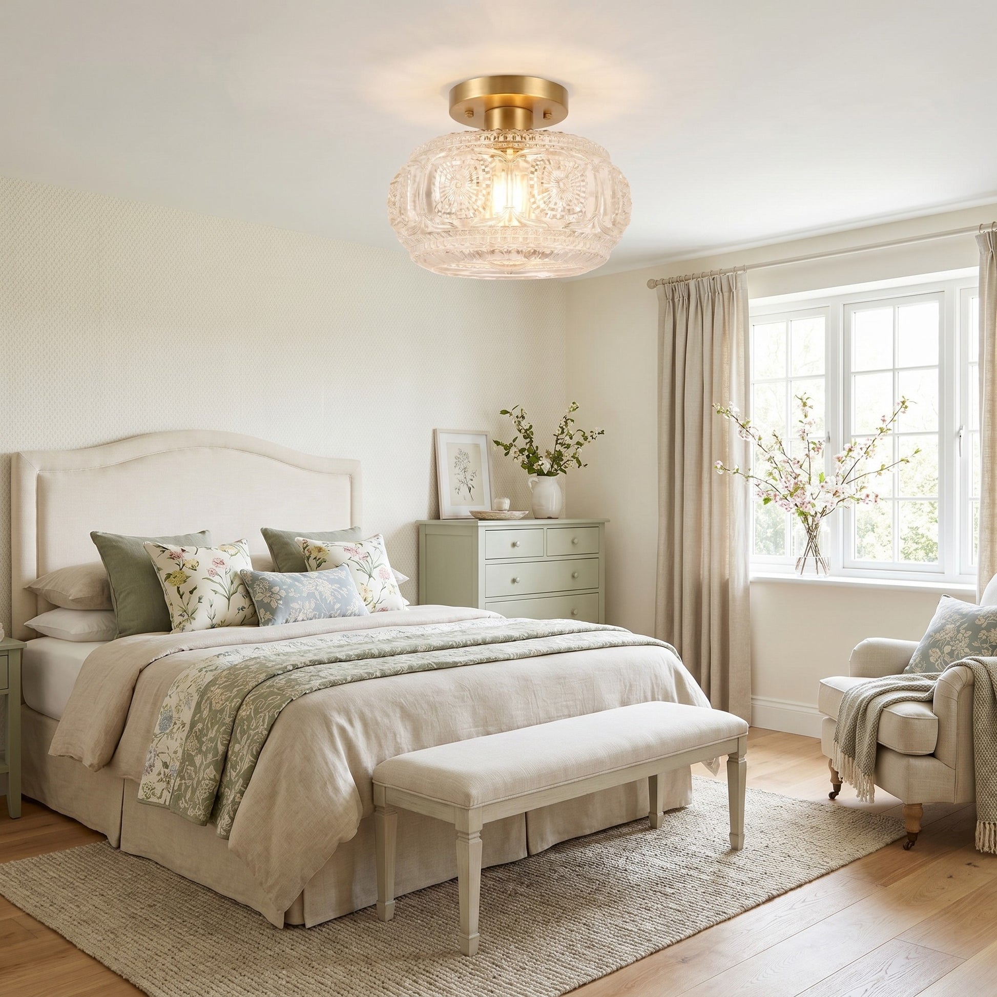 Ixionis Retro Carved Glass Semi Flush Ceiling Light