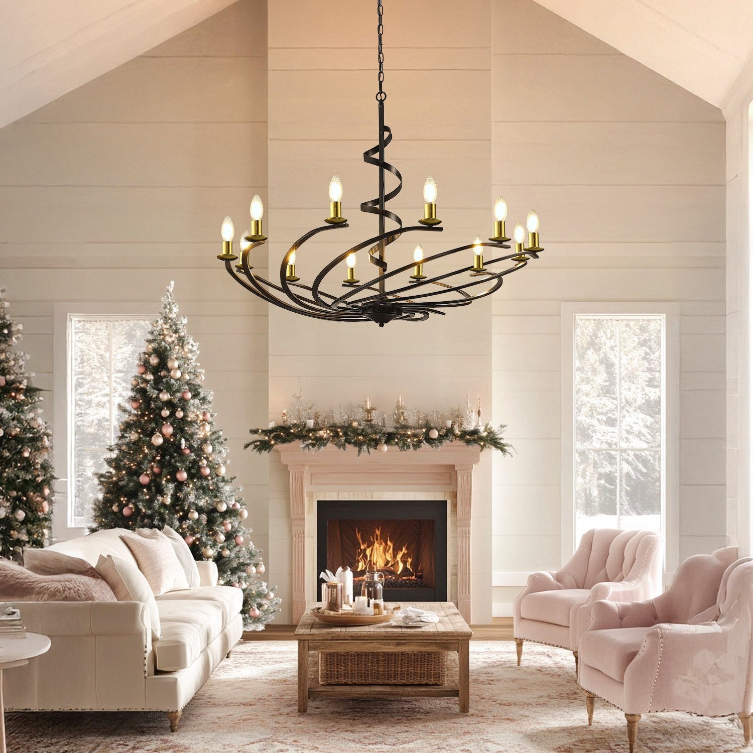 Clara Modern Matte Black Metal Spiral Chandelier