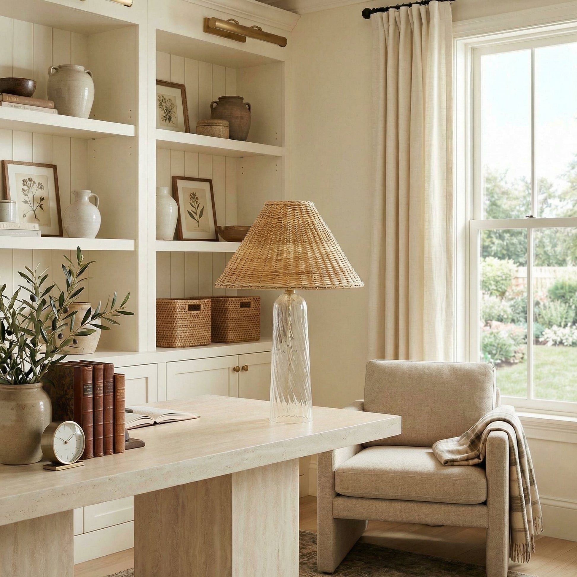 Gunner Boho Natural Rattan & Clear Glass Cylindrical Table Lamp