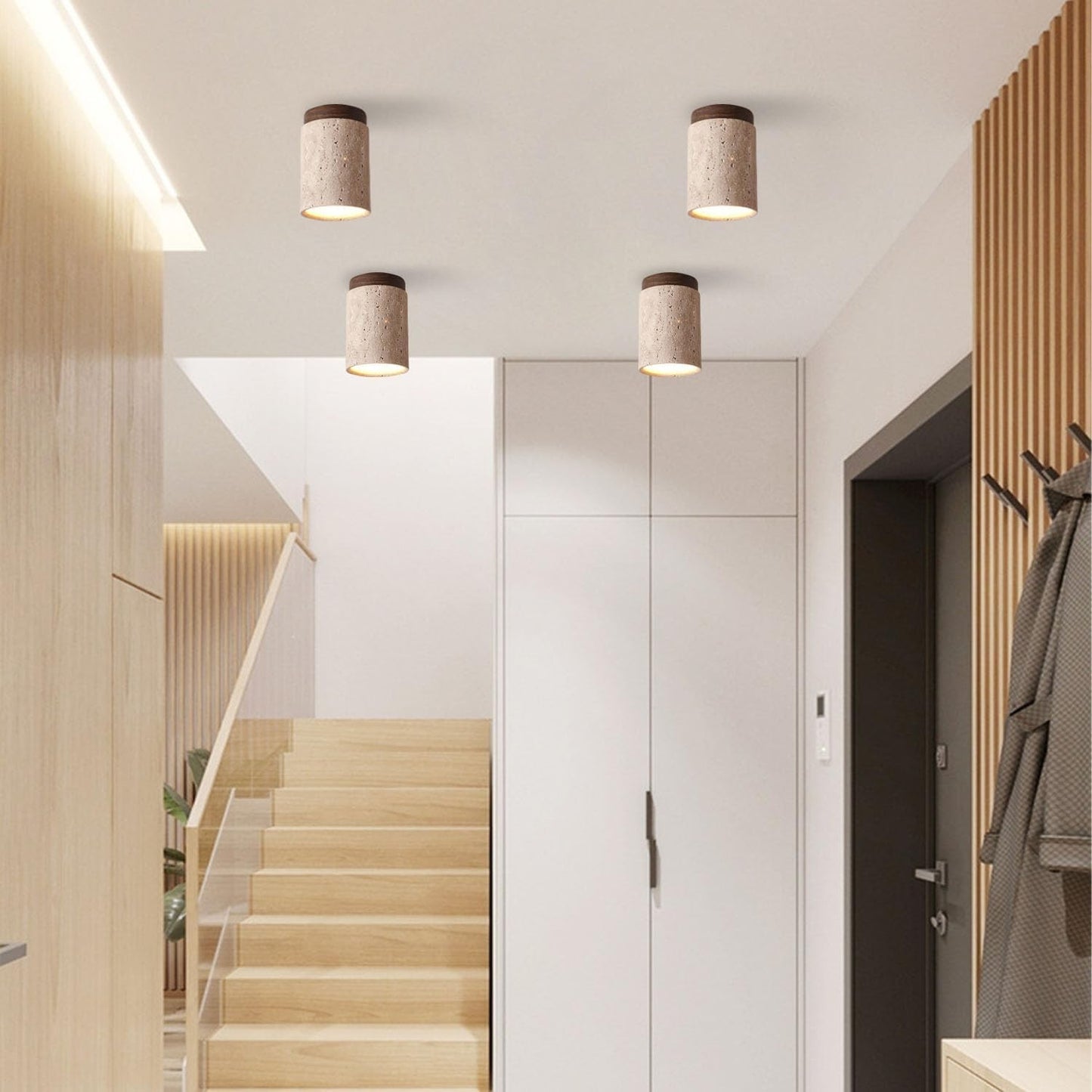 Hyrion Mini Wood And Stone Cylinder Travertine Ceiling Light