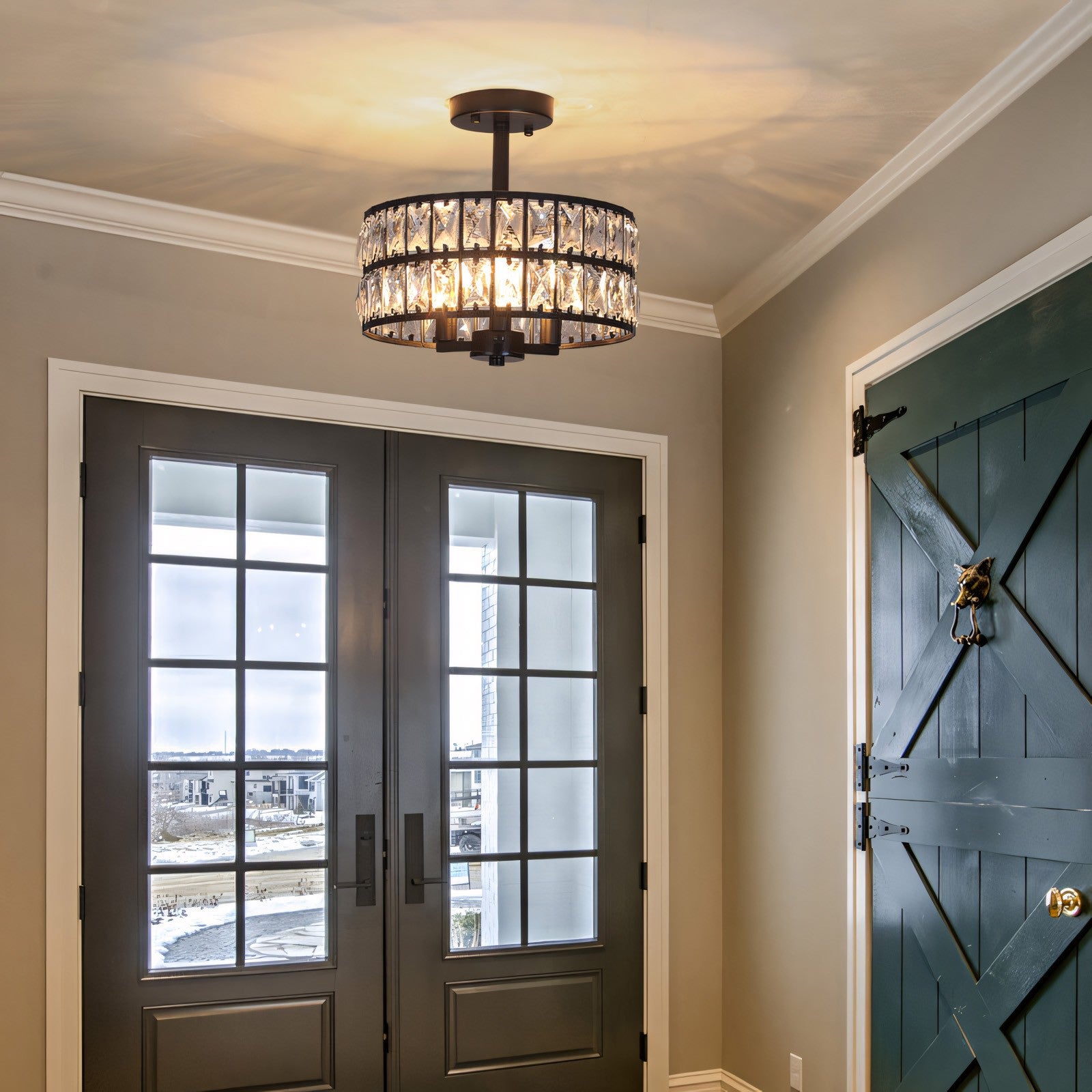 Parnika Luxury Carved Crystal Drum Semi Flush Chandelier