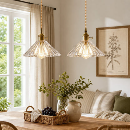 Fyron Retro Clear Brass Glass Pleated Pendant Light