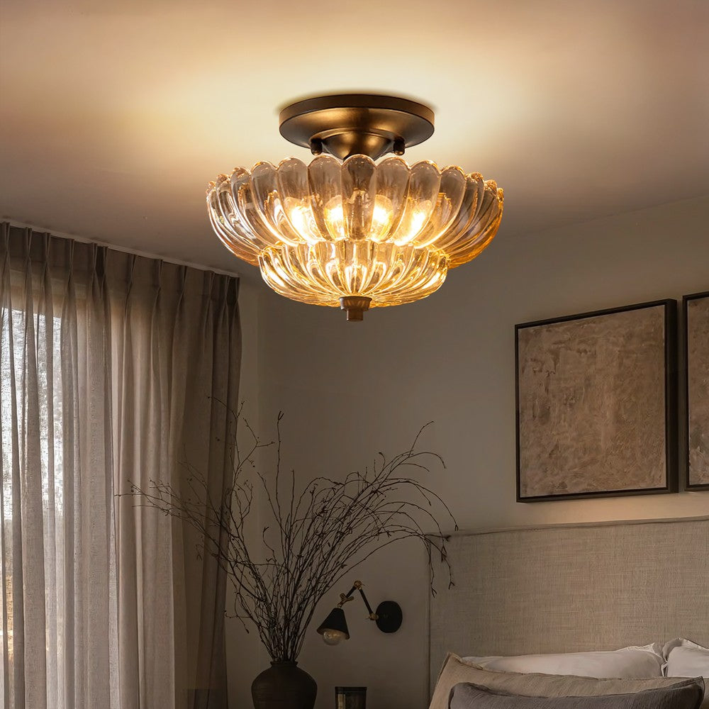 Raveena Vintage Amber Glass Semi Flush Mount Floral Ceiling Light