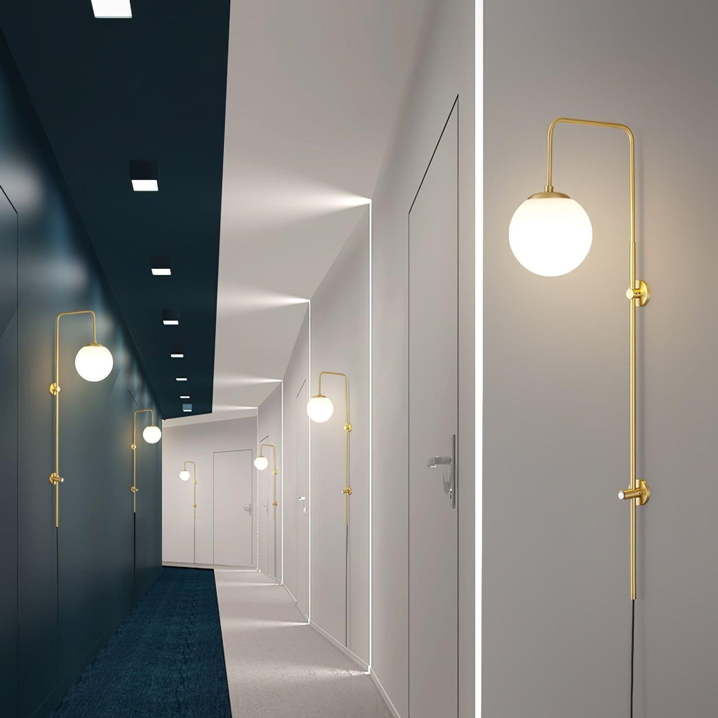 Qorven Minimalist Long Pole Globe Brass Plug In Wall Sconce