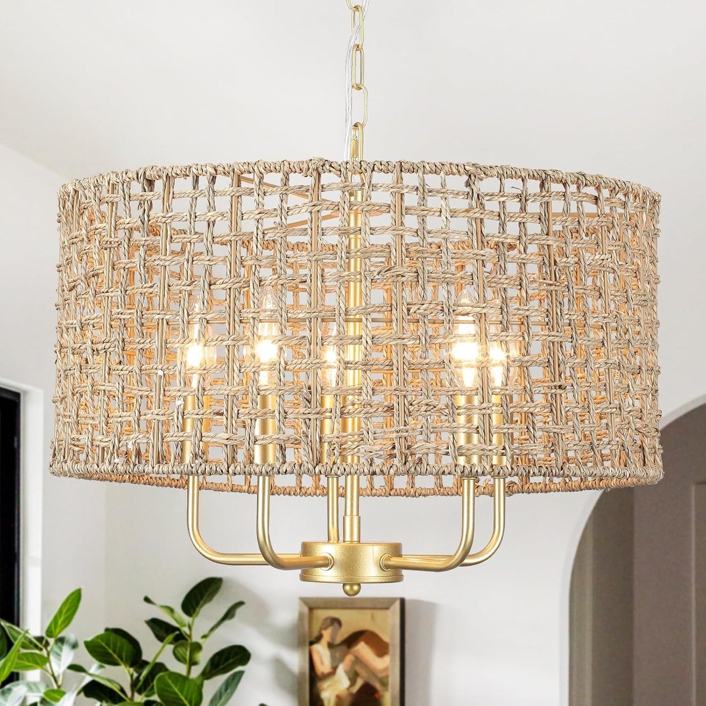 Arlo Bohemian 5 Light Natural Rattan Drum Chandelier